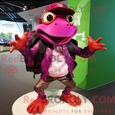 Produktbild von Maskottchen REDBROKOLY eines magentafarbenen Frosches mit Motorradjacke und Rucksack