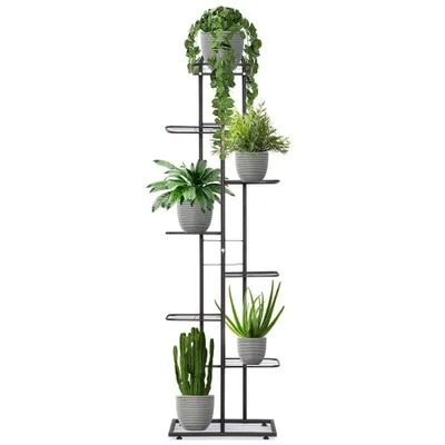 A black metal plant stand with multiple tiers holding various potted plants against a white background.