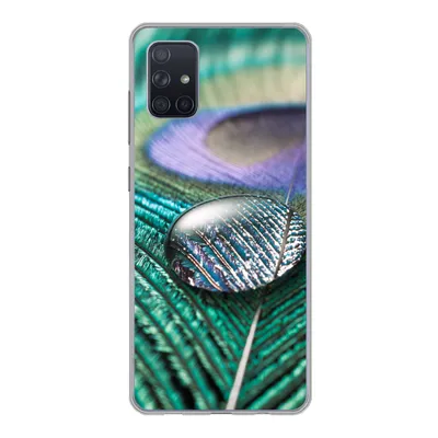 Produktbild von MuchoWow® Handyhülle Schutzhülle Hülle für Samsung Galaxy A71 Nahaufnahme eines Wassertropfens auf einer Pfauenfeder Silikon Softcase Handy Hülle - Kartenbesitzer
