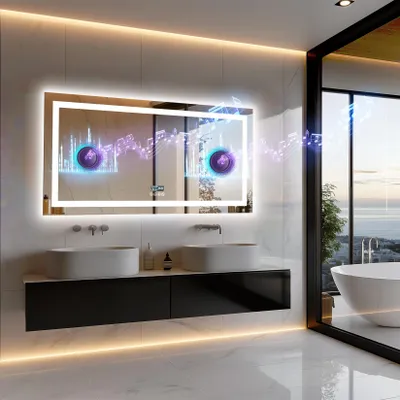 Produktbild von Vrygle LED Badspiegel 120x60cm mit Beleuchtung, Bluetooth, Uhr, Temperatur & Datum, Entfoggen, 3 Lichtfarben, Dimmbar, Speicherfunktion