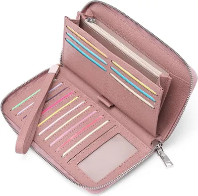 Image de Porte-monnaie femme grande capacité en cuir avec fermeture éclair, protection RFID et plusieurs compartiments