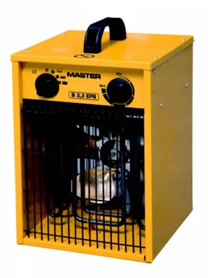 A yellow electric heater with a black handle and controls.