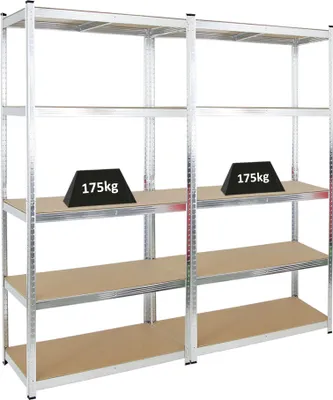 Produktbild von Mega Deal | 2x Schwerlastregal Giant Ragnar | HxBxT 200x100x50cm | 5 MDF-Platten-Ebenen | Fachlast 175kg | Verzinkt