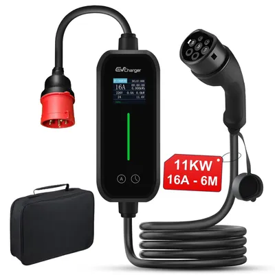 Image de Borne de recharge mobile pour véhicules électriques, compatible EU, avec application, 11 kW, connecteur Type 2, câble de recharge de 6 mètres, compatible 6-16A, triphasé, prise CEE. Courant réglable. Chargeur portable avec écran LCD