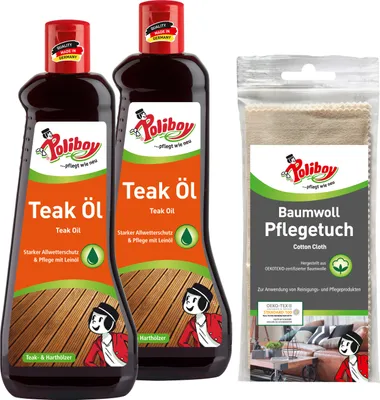 Produktbild von Poliboy 2er Teak Öl dunkel mit Baumwolltuch - für Harthölzer - intensive Farbauffrischung - reinigt, pflegt und schützt - 99A0801