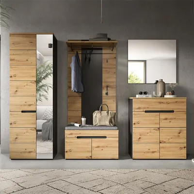 Produktbild von Garderoben-Set mit Garderobenbank mit Sitzkissen & Paneel in Eiche & Grau, 5-teilig - CORTANA-158