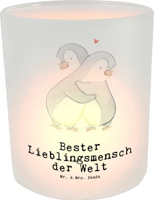 Produktbild von Mr. & Mrs. Panda Kerzenhalter Pinguin Bester Lieblingsmensch der Welt - Transparent - Geschenk, Teelichthalter Glas, kerzenbehälter, Liebe, Love, Mama, Herz, Windlicht