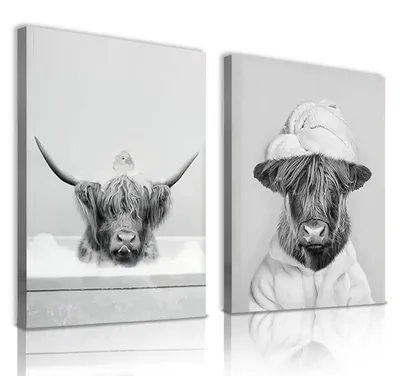 Leinwandbilder 2er-Set, 40x60 cm, Schottische Hochlandrinder, Schwarz-Weiß