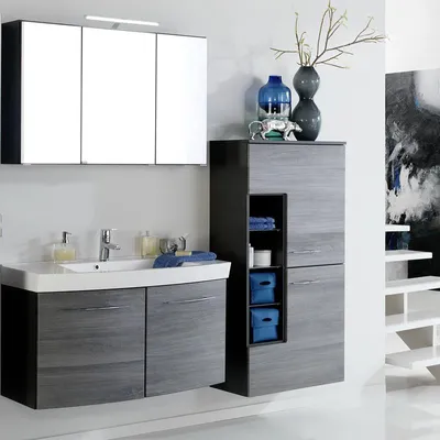Produktbild von Badmöbel Set FLORIDO-03 Eiche Rauchsilber, 100cm Waschtisch mit 2 Türen, LED-Spiegelschrank, Midischrank, B x H x T: ca. 180 x 200 x 47 cm