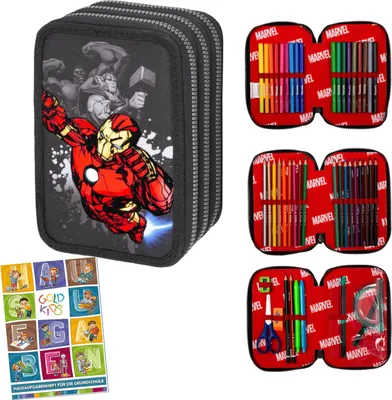 Produktbild von Federmäppchen 3 Fächer - Mäppchen für Mädchen und Jungen - Federmappe 3-Fach Federtasche Gefüllte Schüleretui 46-teilig Avengers