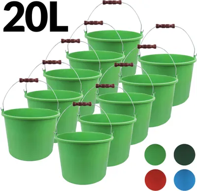 Multiple green buckets arranged in a staggered pattern, with text indicating '20L' in the top left corner. Small color swatches are visible in the bottom right.