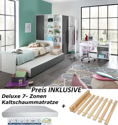 Produktbild von Jugendzimmer Joker in Weiß und Anthrazit 7 teiliges Komplett Set  INKLUSIVE Lattenrost und Deluxe Kaltschaummatratze, Jugendzimmermöbel, Kinderzimmer