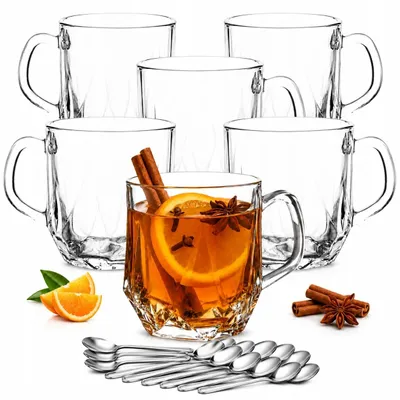 Produktbild von OMAGO Gläser 300ml mit Henkel, Kaffee, Tee, Getränke, 6er-Set + Löffel