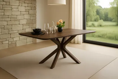 Produktbild von Esstisch 160 x 85 cm Akazie massiv kastanienfarben Schweizer Kante Spider-Gestell Holz kastanie ROBERTO