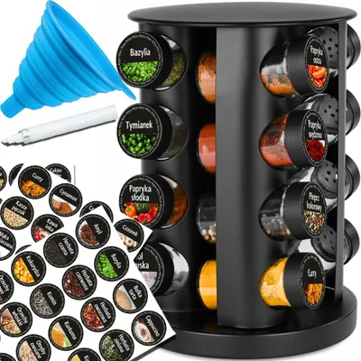A rotating spice rack with multiple spice jars and a set of labels, a funnel, and a marker.