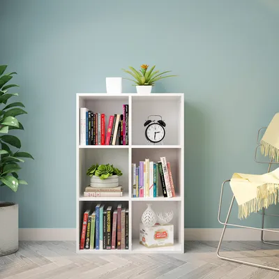 Image de Meerveil Bibliothèque en bois, Bibliothèque à 6 compartiments, Rangement à trois niveaux pour livres et DVD, Étagère sur pied, Blanc