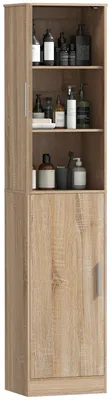 Produktbild von Hochschrank für das Badezimmer mit 2 Türen und 4 verstellbaren Einlegeböden, 40 x 35 x 180 cm, Naturholz