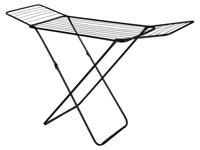A black drying rack for laundry, shown from a slightly elevated side angle against a white background.