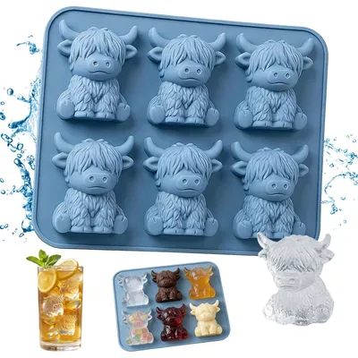 Eiswürfelform Mini Highland Cow, 3D Silikon, 6 Fächer, Blau