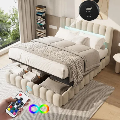Immagine prodotto di Letto 180 x 200 cm con testiera LED, letto imbottito con contenitore, biancheria da letto, beige