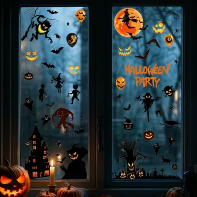 Obrázok produktu pre Raamstickers Halloween - 9 listov - Opakovateľná fólia na okná - Motívy: pavúk, lebka a tekvica - Bez lepidla