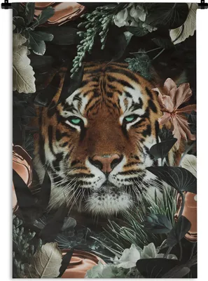 Produktbild von MuchoWow® Wandteppich Wandbehang Tiger - Botanisch - Blumen 90x135 cm Tapisserie Dekoration Wandtuch - Baumwolle - Wandskulptur