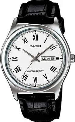 A close-up studio shot of a men's wristwatch with a white face and black leather strap.