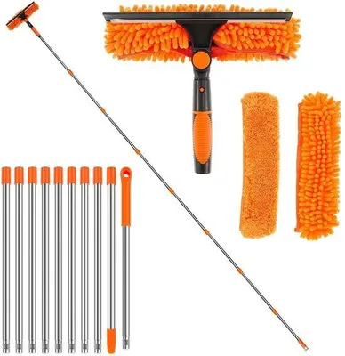 Obrázek produktu pro Uniqoos® Sada pro čištění oken 2 v 1 – gumová stěrka a utěrka z mikrovlákna, teleskopická tyč do délky 3,9 m, pro použití uvnitř i venku, protiskluzová rukojeť, vhodná pro okna, skleněné střechy a skla automobilů