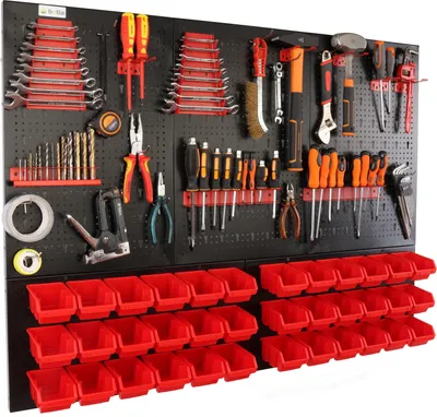 Produktbild von botle® Werkzeugwand Lochwand aus Metall, Stapelboxen + Wandregal + Werkzeughalter 63-tlg Set, Kleinteilelager, Wandwerkstatt mit 36 stapelbaren Rot Behältern, Hängeregal Sortierregal