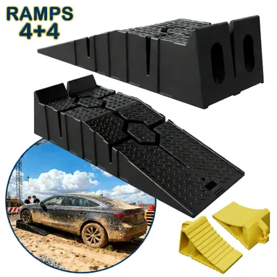 Image de YRHome - Lot de 4 rampes d'accès en plastique jaunes avec cales, cales de roue avec poignée, rampes antidérapantes pour voitures, camping-cars et remorques, capacité de charge de 5 t