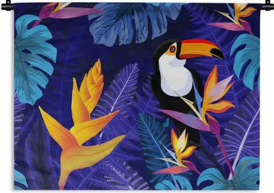 Produktbild von MuchoWow® Wandteppich Wandbehang Dschungel - Tukan - Blumen - Pflanzen - Kinder - Lila - Tiere 150x112.50 cm Tapisserie Dekoration Wandtuch - Wanddecke - Wandteppiche
