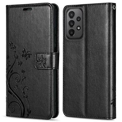 A black flip case for a Samsung Galaxy A23 5G phone, shown from the front and back.