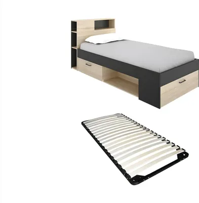 Produktbild von Bett mit Kopfteil, Stauraum & Schublade + Lattenrost - 90 x 190 cm - Anthrazit und Holzfarben - LEANDRE