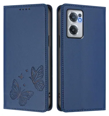 Image de Étui en cuir pour OnePlus Nord CE 2 5G, étui de protection type portefeuille en cuir gaufré « papillon » avec support, bleu foncé