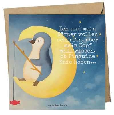 Produktbild von Mr. & Mrs. Panda Klappkarte Pinguin Mond Design - Weiß - Geschenk, schlafen, faltkarte, doppelkarte, Angel, Grußkarte, Glückwunschkarte, Schlafzimmer, Spruch, Neugierig