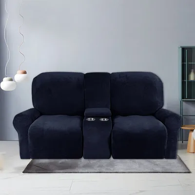 Produktbild von 8-teiliger Stretch Samt Hussen Recliner Sofabezug mit Getränkehaltern,Dicke Plüsch Liegesofa 2-Sitzer Recliner-Abdeckung,Dunkelblau