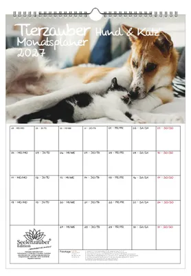 Produktbild von Tierzauber Hund und Katz Planer DIN A3 Kalender für 2027 Hunde Katzen - Set-Inhalt: 1x Kalender 1x Weihnachtsanhänger 1x Grußanhänger (gesamt 3 Teile)