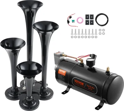 A set of four black air horns and a black air compressor tank with accessories are displayed against a white background.