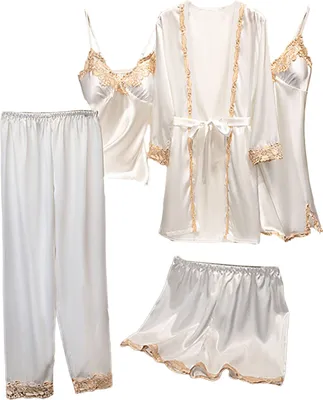 Produktbild von 5-teiliges Pyjama-Set für Damen, Nachthemd, Oberteil, Shorts, Hosen, seidig, Satin, Spitze, Patchwork, lockere Schnürung, Taille, dünnes Damen-Homewear-Set, Nachtwäsche-Set
