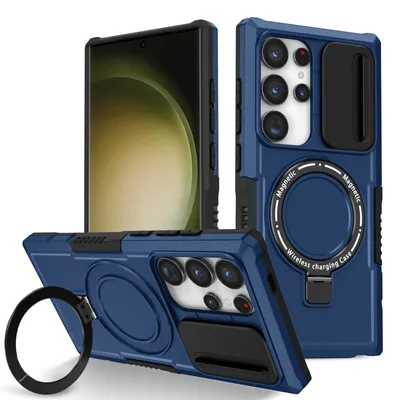 Produktbild von Handyhülle für Samsung Galaxy S25 Kompatibel mit MagSafe, Robuste Hülle mit Schiebe Kamera Schutz, Magnetischer Ringständer Blau
