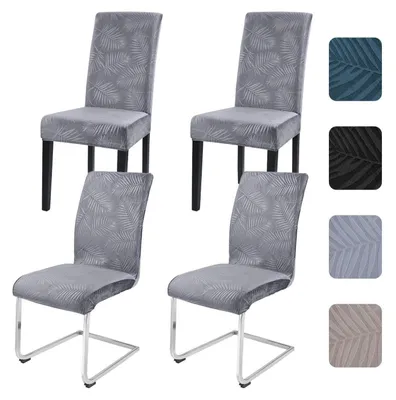 Produktbild von Stuhlhussen 4er Set Universal Stretch Kurzflor Hellgrau Blattmuster Waschbar