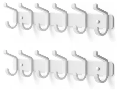 Produktbild von 2 Stück Wandkleiderhaken mit 6 Haken, Garderobenhaken aus Metall, Wandgarderobe für Jacken, Taschen, Hüte, Schals, Hakenleiste für Schlafzimmer, Garderobe, Badezimmer, Küche (Weiß)