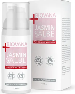 Produktbild von BIOVANA Jasminsalbe Plus, Jasmin Salbe mit Collagen und Aloe Vera, Eye Cream, Augenringe entfernen, 100 ml Inhalt