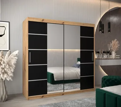 Produktbild von Schrank mit Spiegeln VIVIEN – Breite 200 cm, Eiche Artisan / Schwarz