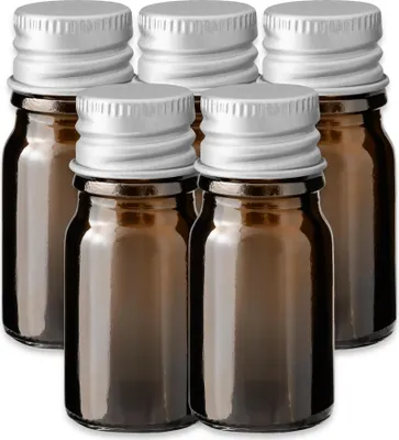 Produktbild von 5x Glasflasche braun 5 ml mit silbernem Aluminium Schraubverschluss