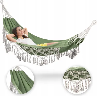 Produktbild von Outtec® Hängematte - 200x150 cm, bis 200kg - Boho Baumwoll Hammock für Outdoor, Garten, Balkon - für Kinder und Erwachsene - Khaki