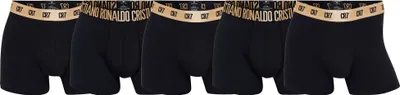 A pack of black boxer shorts with a gold logo waistband, displayed in a row.