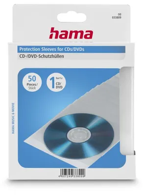 Obrázok produktu pre Hama ochranné obaly na CD/DVD, balenie po 50 ks, 135 x 185 x 37 mm, priehľadné