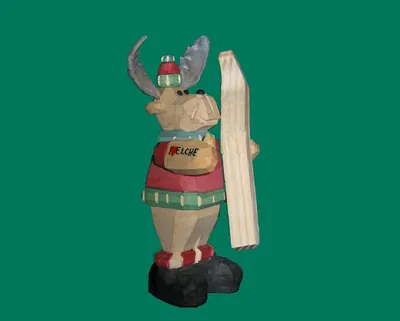 Produktbild von Räucherfigur Elch Skiunfall geschnitzt Höhe 15cm NEU