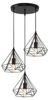 Produktbild von Zimilo Pendelleuchte Schwarz 3-flammig im Vintage Diamant Design, Höhenverstellbare Hängelampe E27 für Esstisch, Wohnzimmer, Küche und Schlafzimmer